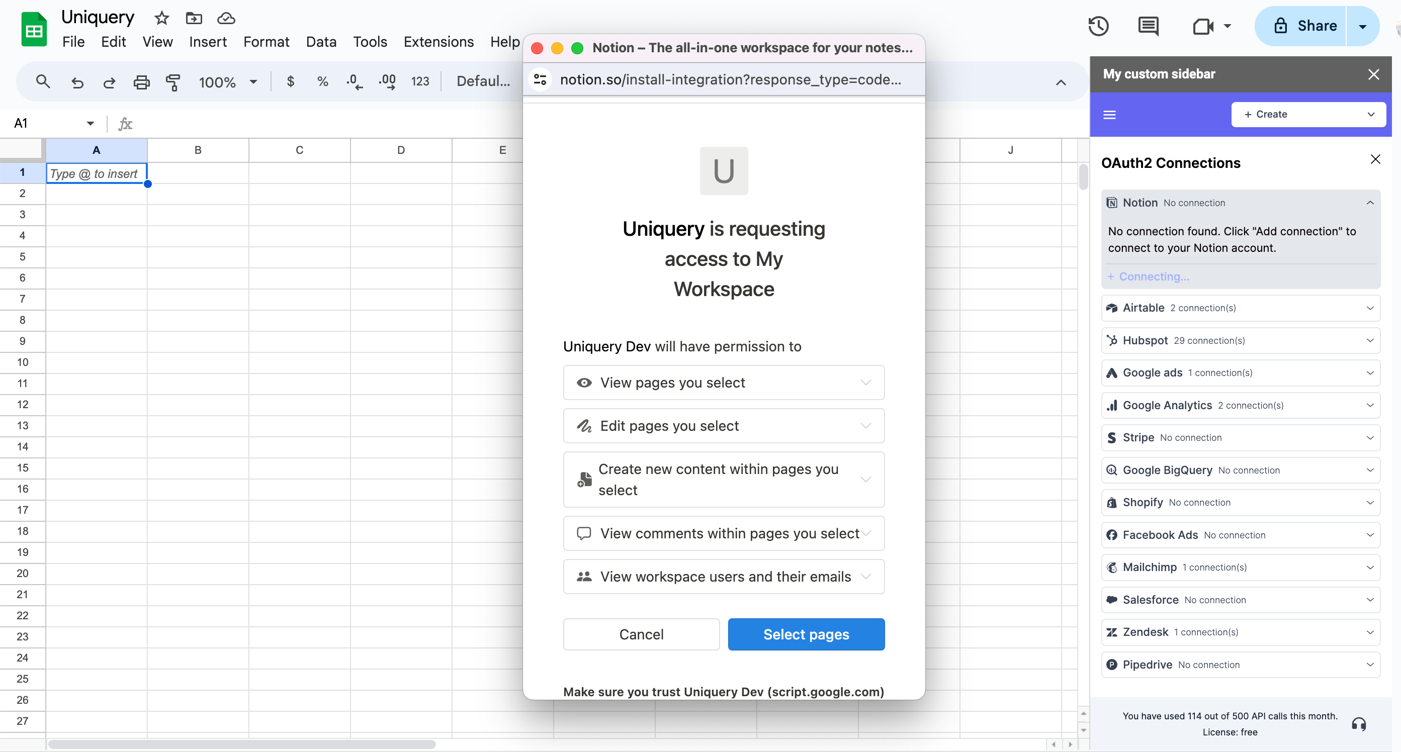 Connect your Google Sheets to Notion using Uniquery