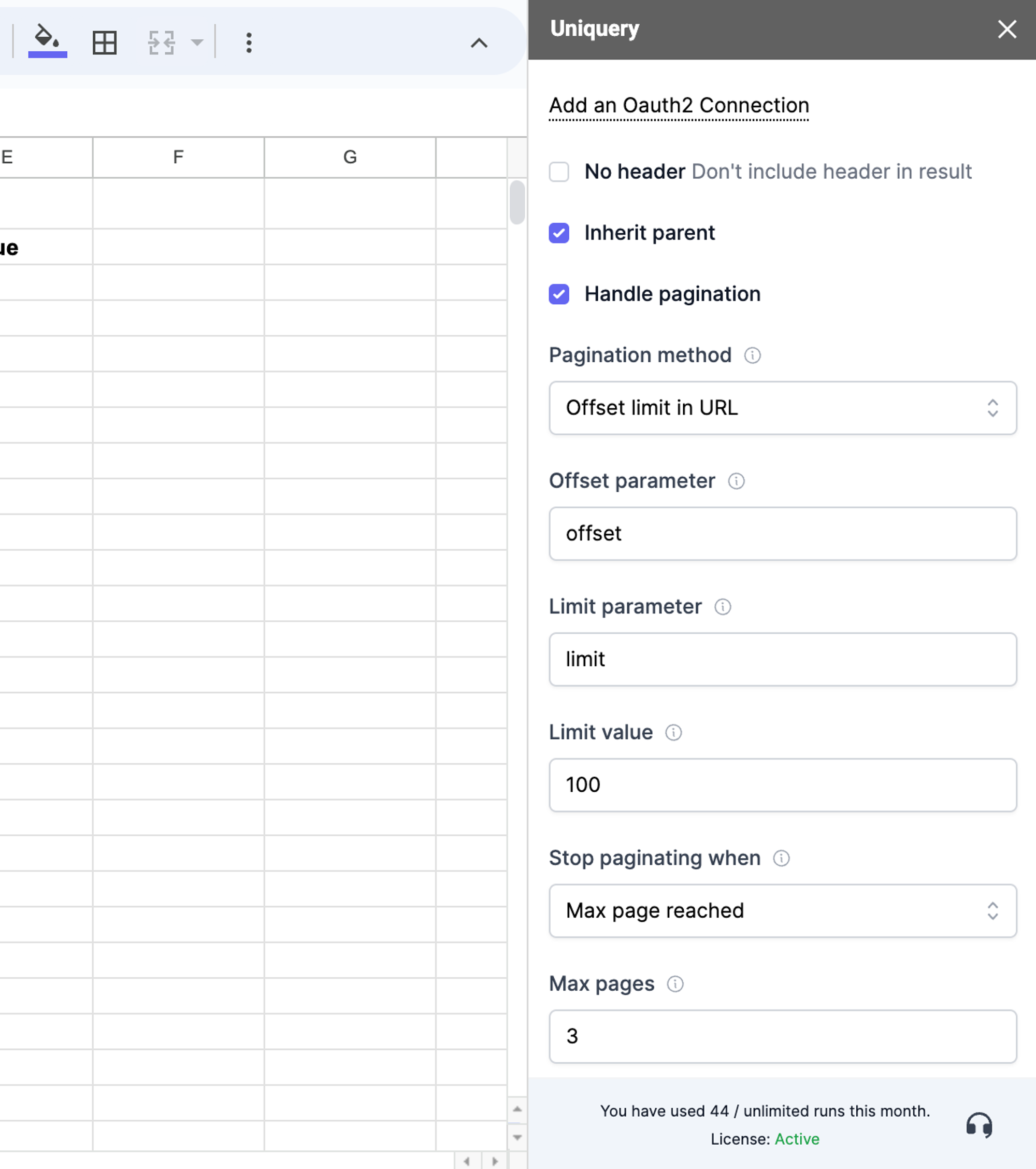 API pagination in Google Sheets Uniquery addon. API Connector